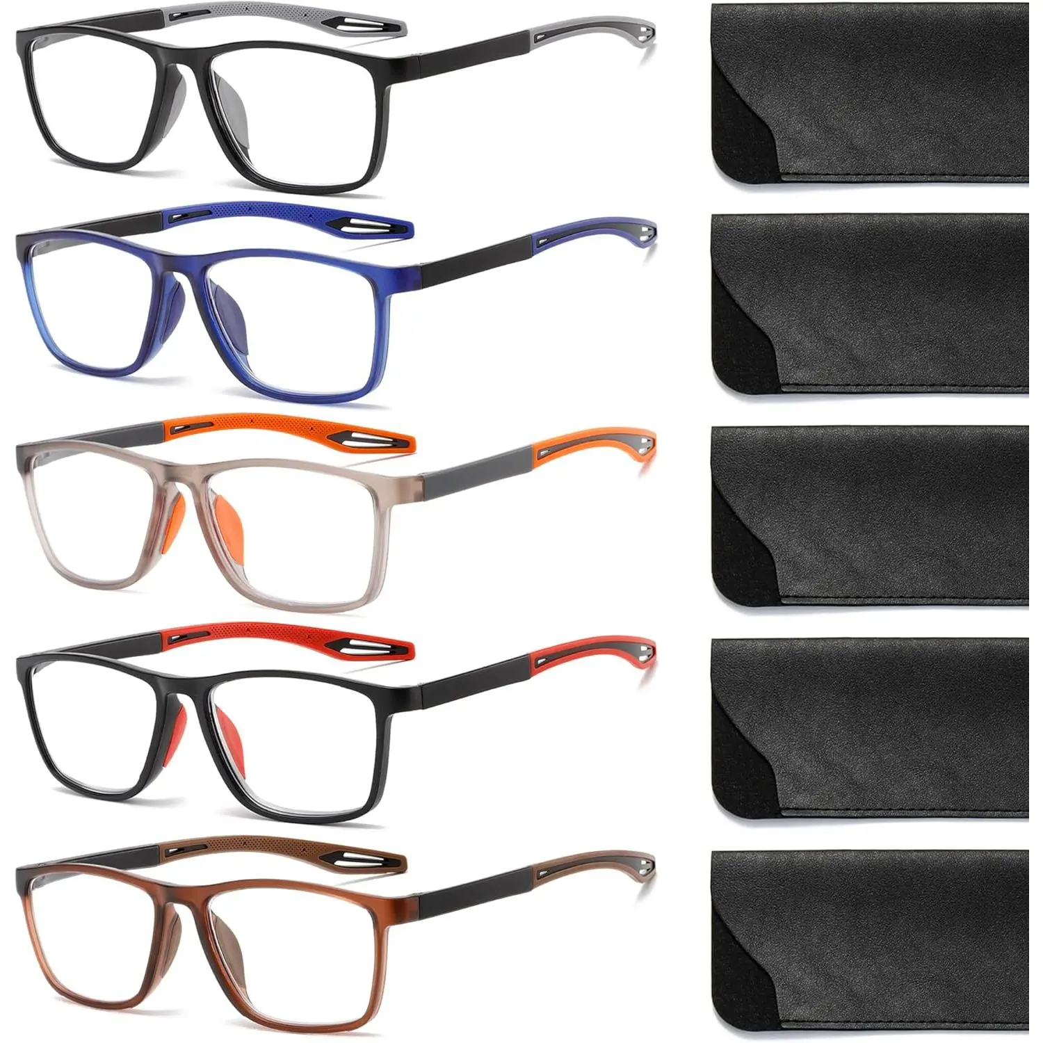 5 Pack Men's Lightweight Reading Glasses, Flexible TR90 Sports Frame with Silicone Pads, Blue Light Filtering for Computer Use