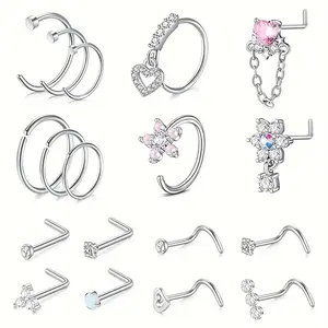 18G Dangle Nose Rings Set 18PCs/set L-Shaped Nose Studs Corkscrew Nose Studs for Female Silvery Golden