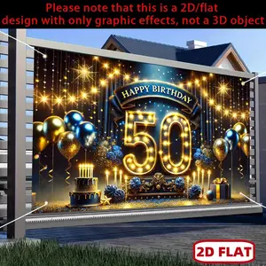 1pc 2D Flat UJoli 50th Birthday Celebration Banner - Elegant Blue & Golden Theme with Balloons, Cake, and Festive Decorations - 100% Polyester Party Backdrop for Indoor/Outdoor Events, Photograp