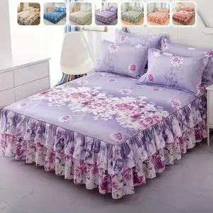 Floral Print Ruffled Edge Bed Skirt Set, 3 Counts/set Including 1 Bed Skirt & 2 Pillowcases without Filler, Comfy Bedding Set for Home Bedroom