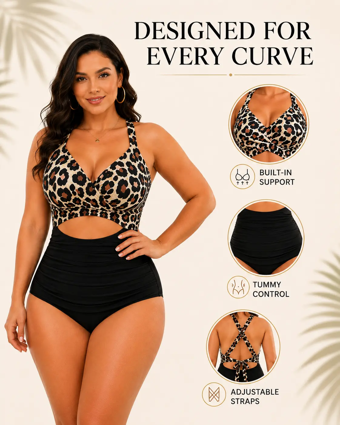 Girlsnufit Women's Leopard Print 1-Piece Swimsuit, V-Neck with Ruched Tummy Control and Cutout, Spandex Jersey for Beach Pool Wear, Cutout V-Neck, Outdoor Swim, Plus Size Swimsuits