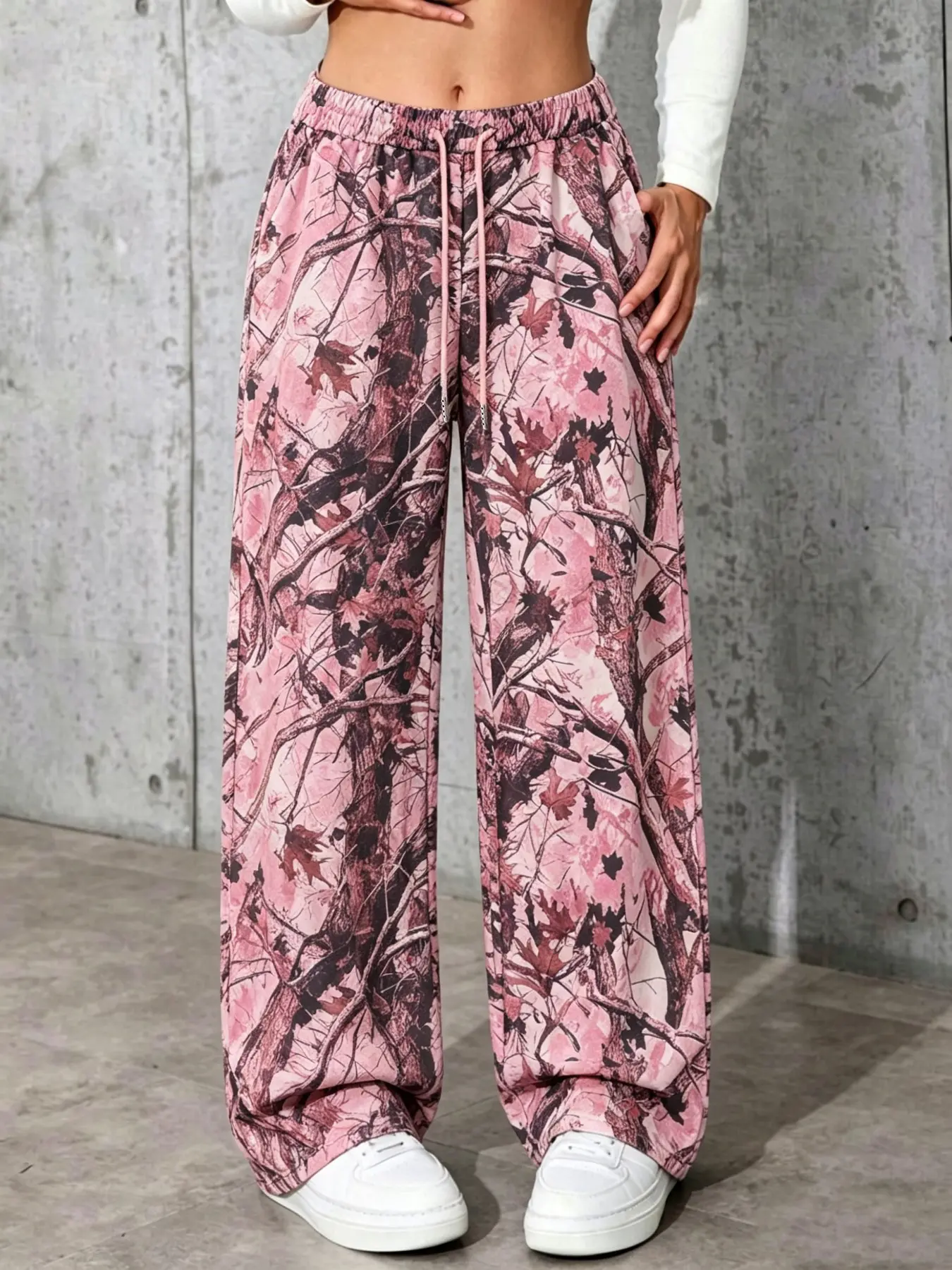 Y2K Pink Camouflage Print Wide Leg Pants Adjustable Elastic Waist Baggy Trousers for Casual Streetwear & Daily Wear