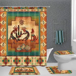 Shower Curtain Set 4 Pcs, Southwestern Tribal Bathroom Sets with Rugs, Waterproof Curtain with Hooks, Non-Slip Bath Mat, Toilet Lid Cover, Western Decor, Hooks Included