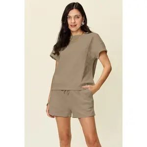 Double Take Full Size Texture Short Sleeve T-Shirt and Drawstring Shorts Set - 97% Polyester 3% Spandex Slightly Stretchy Two-Piece Set