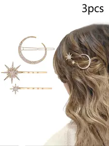 Elegant Metal Rhinestone Star Moon Hair Clips Set, 3pcs Women Ramadan Diamond Hairpins for Side Bangs and Fringe, Stylish Hair Accessories, Hair Accessory Set, Super Cute Clips