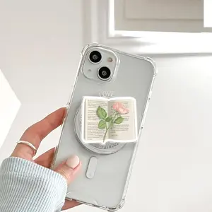 Book Lover Phone Grip, Rose Book Aesthetic Pop Grip, Coquette Floral Phone Holder, Cute Reader Gift, Soft Girl Phone Stand