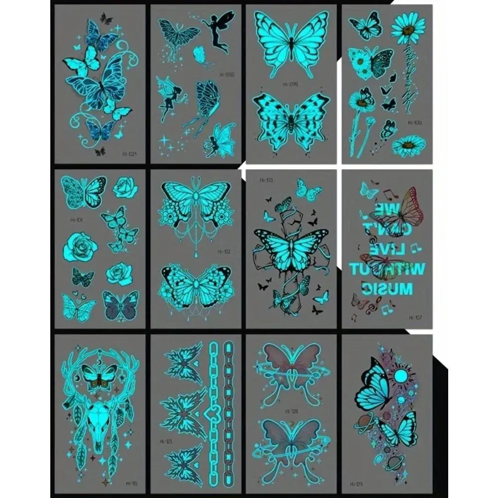 12Pcs Butterfly Luminous Temporary Tattoo Blue Glow In the Dark Tattoo Sticker For Women Hands Face Tattoo Music Party Decor Tattoos Stickers Fake Tattoos