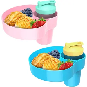 2PCS Car Seat Snack Tray for Kids: Kids Car Tray with Cup Holder, Toddlers Road Trip Essential, Travel Snacks Food Plate Cup Holder (Sky Blue&Pink)