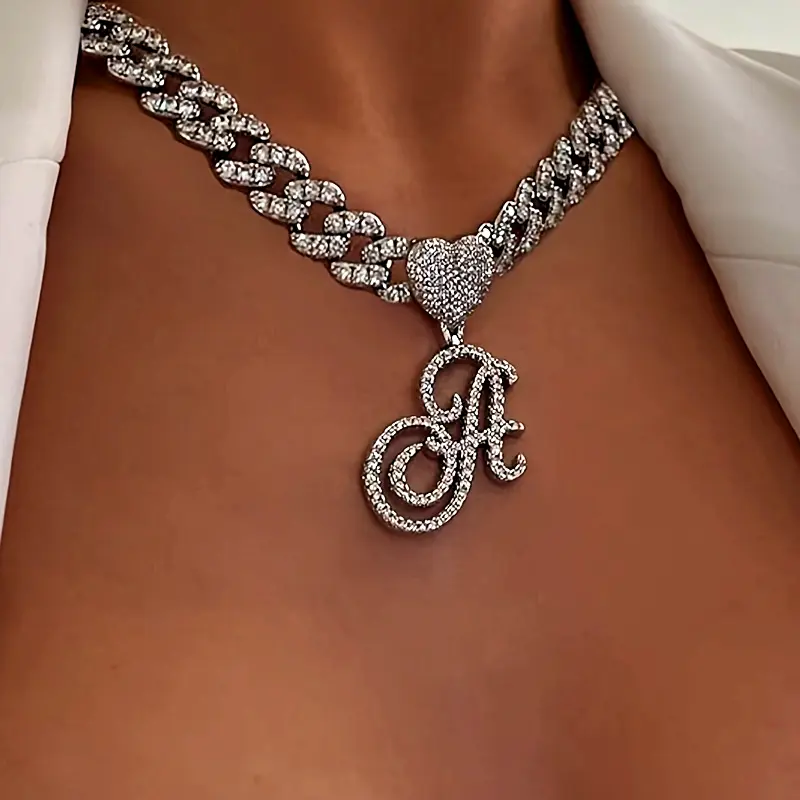 Bling Initial Necklace with Heart Pendant - Sparkling Cuban Chain, Hip-Hop Inspired Rhinestone Crystal Jewelry for Women, Alloy Synthetic Zirconia Decor, Punk Gothic Gift Necklace, Hip-Hop Inspired Necklaces, Rhinestone Crystal Necklaces