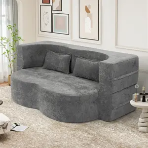 2‑in‑1 convertible curved sofa with Pillows ,Foam Folding Mattress Sleeper Modern Teddy Fabric Floor Cushion and Futon Chaise Lounge Sofa Featured Armchair Summervibes