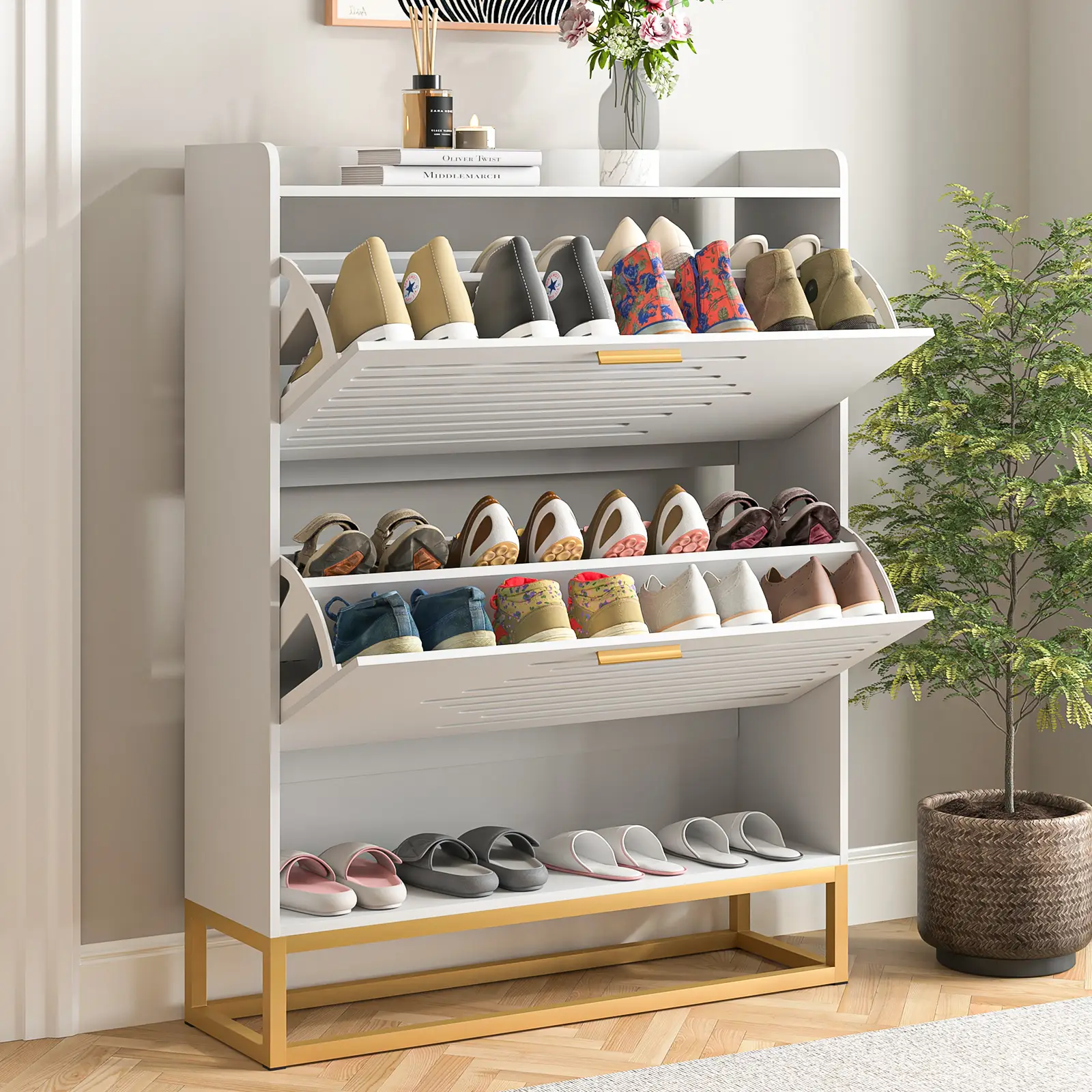 Shoe Cabinet, Free Standing Tipping Bucket Shoe Rack Organizer with 2 Flip Drawers,Entryway Narrow Shoe Storage with Shelf & Top Cubby,Modern Slim Hid