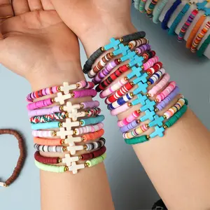 15/30/45Pcs Elegant Polymer Clay Stretch Bracelets with Cross Pendants, Stackable Mixed Color Beaded Jewelry Set for Women, Daily & Gift Hallowen Christmas Occasions