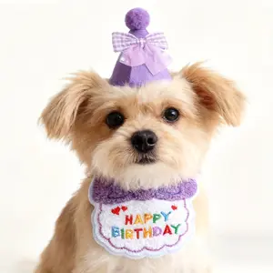 Pet Dog and Cat Birthday Decoration Set, Includes Letter Bib + Bow Birthday Hat, Lightweight and Cute Accessories, Multiple Colors Available, Adjustable Ties, Compatible with Holiday Pet Apparel, Suitable for Small to Medium Pets