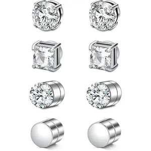 4Pairs Stud Fake Earrings for Women Mens Cubic Zirconia Earrings Studs with Hypoallergenic Sterling Silver Earring Pin