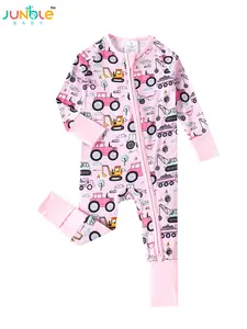 JUNBLEBABY Cotton Fiber Baby Zipper Long-Sleeved Shirt with Pink Excavator Print Double Zippers Reversible Foot Cover Soft Breathable Fabric One-Piece Crawling Suit