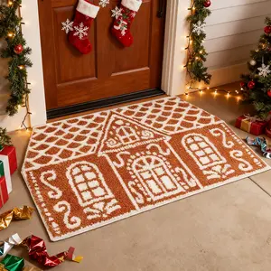 Christmas Gingerbread House Rug, Irregular Creative House Shape Carpet, Soft Non-Slip Washable Mat, Indoor Decor for Living Room Bedroom Balcony, Unique Rugs