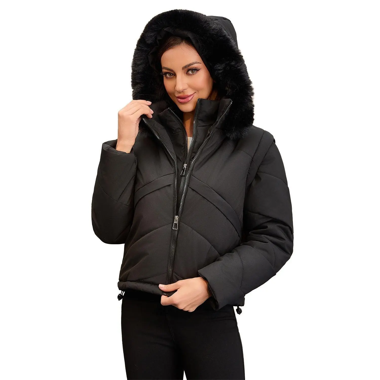 Women's lightweight winter jacket: a stylish, 2-in-1 short-sleeve hooded quilted jacket featuring a "faux-layered" look and detachable sleeves (convertible to a vest); a fashionable, cropped autumn/winter padded jacket with a hood.