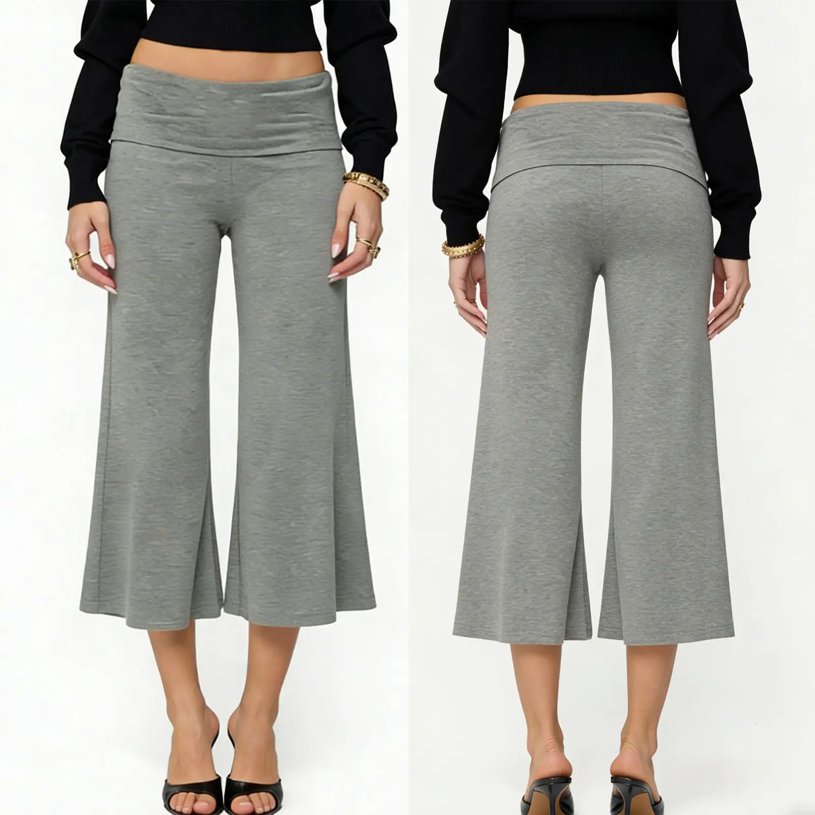 Casual Wide-Leg Culottes for Women - Fold-Over Waist Cropped Pants, Minimalist Chic Design for Work & Weekend, Stretchy Soft Knit Fabric