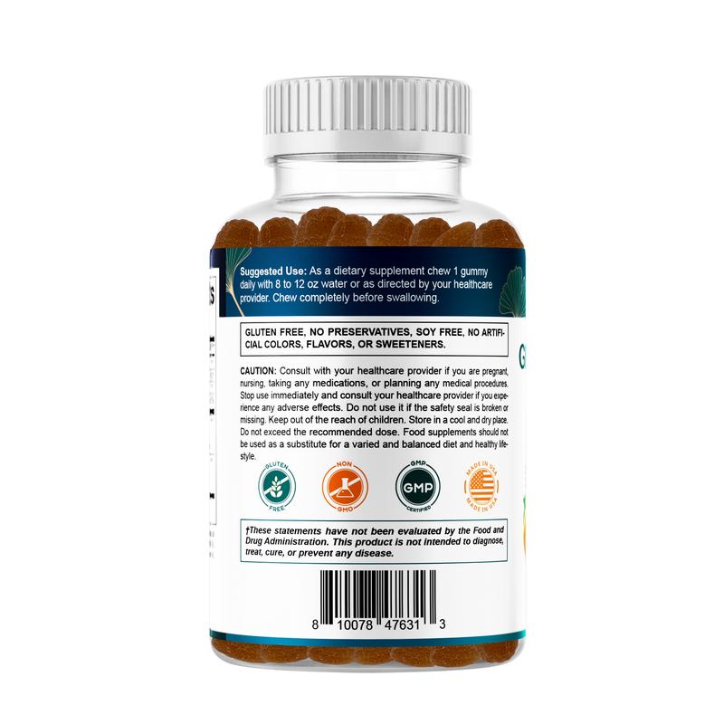 Vitamatic Ginkgo Biloba & Bacopa Gummies - 1250mg Peach Flavor - 60 Vegan Non-GMO Gluten-Free Gummies - Made in USA