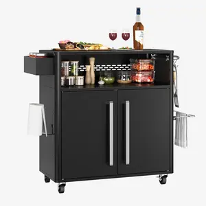 Heavy Duty 2 Tier Outdoor Grill Cart, Rustproof Stainless Steel Surface, Large Double Door Storage Cabinet with Tool Hooks, Mobile Kitchen Prep Table for Patio and Pizza Oven, Lockable Wheels Commercial Grad