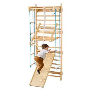 Swedish Ladder Wall Gym, 8-in-1 15 Levels Solid Wood Wall Stall Bars, 220LBS Indoor Jungle Gym Climbing Playset with Wall Ladder, Slide Board, Pull-Up Bar, Gym Rings, Swing Seat, Rope Ladder