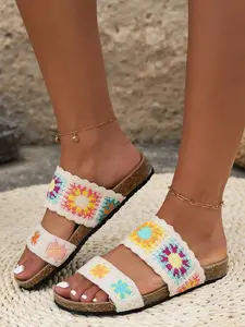 Women's Fashionable Sunflower Pattern Crochet Design Sandals, Boho Style Sandals for Beach Vacation, Casual Versatile Toe Thong Sandals for Daily Wear, Beach Slides Sandals, Shoe