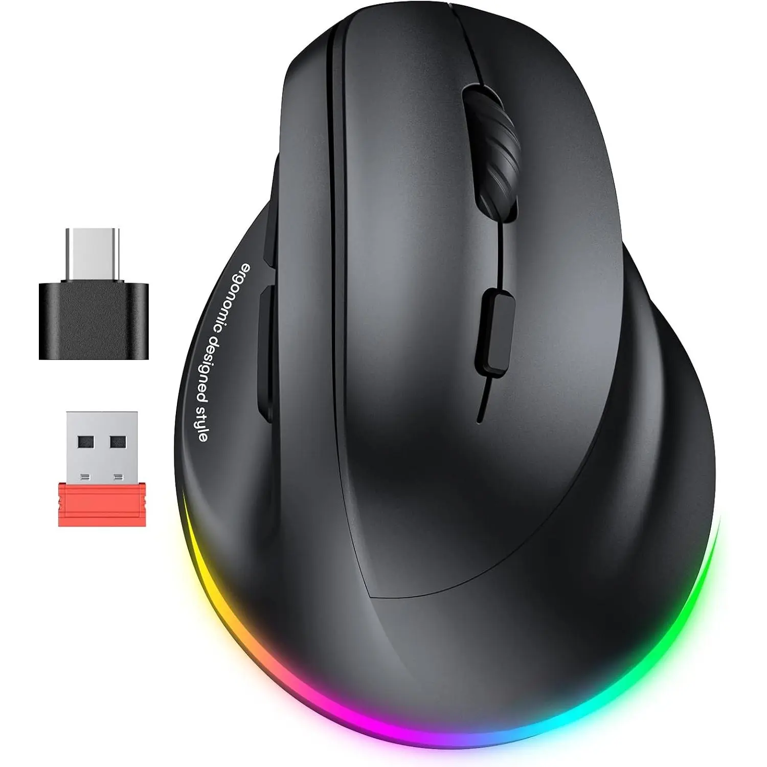 KF Roam P-MUW013      Ergonomic Mouse, Wireless Vertical Mouse RGB Backlit Rechargeable Mice for Bluetooth(5.2 + 3.0) & USB-A with USB-C Adapter 4 Adjustable DPI for Mac/Windows/Andriod/PC/Tablet/iPad Black