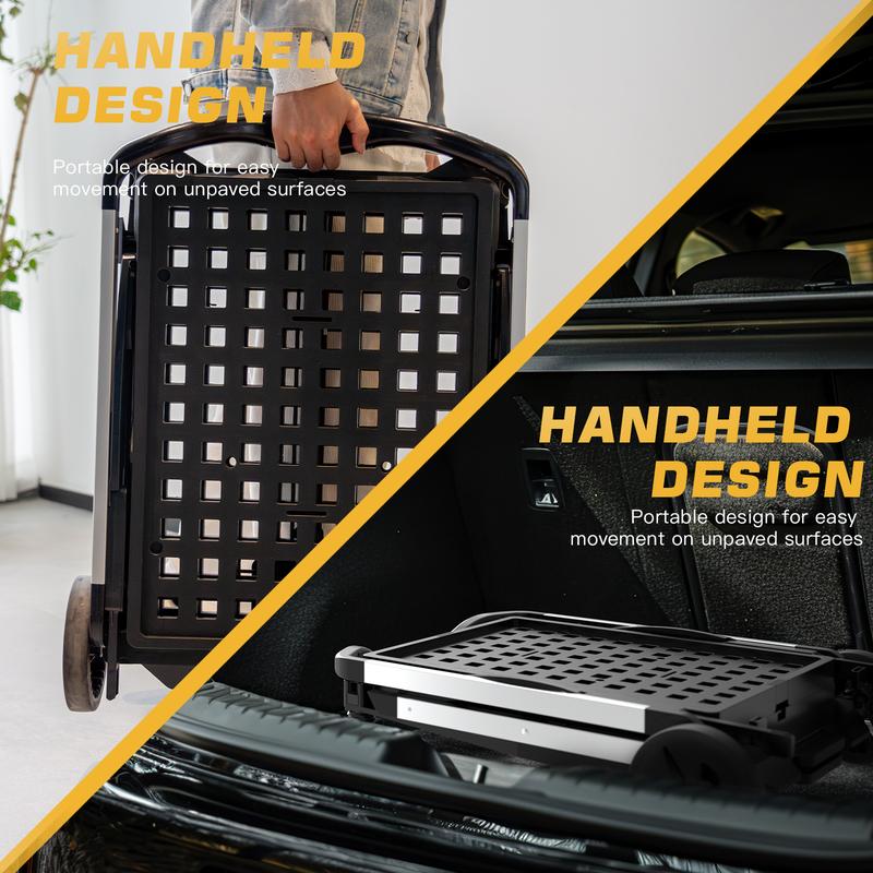 TOOLIOM Heavy-Duty Collapsible Utility Cart, 198Lbs Capacity Folding Trolley with 2 Removable Baskets, Adjustable Aluminum Frame & Quiet Rubber Wheels for Grocery Shopping, Office, Camping and Home