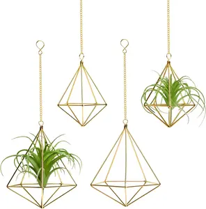4 count Geometric Himmeli Air  Holders - Metal Tillandsia Display Hangers with Chains, 2 Sizes (Small & Large) -   Decor, Housewarming , Boho Wall or Ceiling Hanging Planter