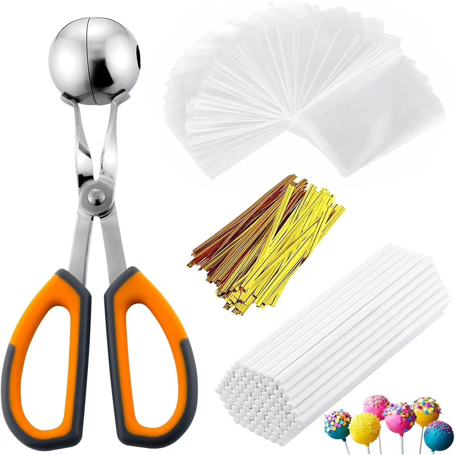 Lollipop Cake Pop Treat Bag Kit, Including 100Pcs Cake Pop Sticks, 100Pcs Parcel Bags, 100Pcs Twist Ties and 1 Cake Pop Mold, Cake Pop Maker Tools for Lollipops, Candies, Chocolates, Cookies,Car Interior Accessories Bakeware Set Tea Plastic