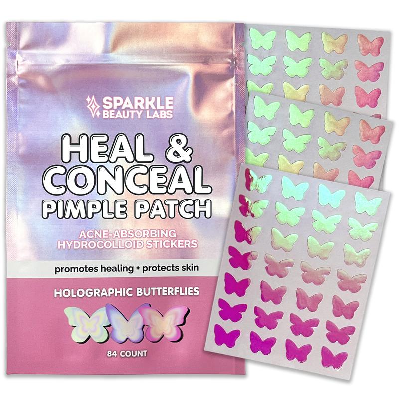 Heal & Conceal Pimple Patch - Cute Holographic Butterfly Shaped Acne Patches, Fun Hydrocolloid Zit Stickers for Face (Iridescent Pink Butterflies, 84 Count) by Sparkle Beauty Labs