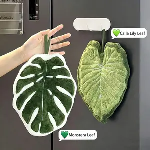 Monstera Hanging Coral Fleece Hand Towels 2PCS – Super Absorbent Quick Dry Kitchen & Bathroom Towels, Cute Green Plant Leaf Design, Soft Non-Shedding Hangable Hand Touch Towel Set for Home Decor