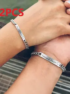 2pcs Forever Engraved Couple Bracelets Flat Oval Chain Unisex Punk Style Jewelry