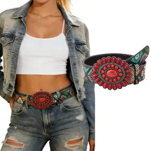 AWAYTR Bohemian Red Stone Flower Buckle Belt Western Ethnic Print Waist Belt Vintage Cowgirl Statement Belt Boho Accessories for Women Fits Jeans Dresses