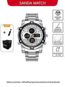 Sanda Fashion Leisure Multifunctional Watch Steel Strap Large Dial Men's Waterproof Night Light Watch Three Time Outdoor Sports Watch Luminous Waterproof Watch Waterproof Wristwatch