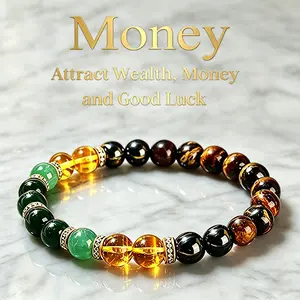 GEMRICH Black Agate, Tiger Eye Stone, Green Dongling Jade, and Yellow Crystal Wealth Bracelet – Lucky Bracelet – Attracts wealth, prosperity, and abundance; suitable for everyday wear and gifting