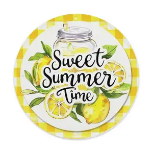 1PC 8*8 Inch Sweet Summertime Lemonade Metal Wreath Sign Round Waterproof Door Hanger Decor, Printed, Pre-Drilled Easy Hanging