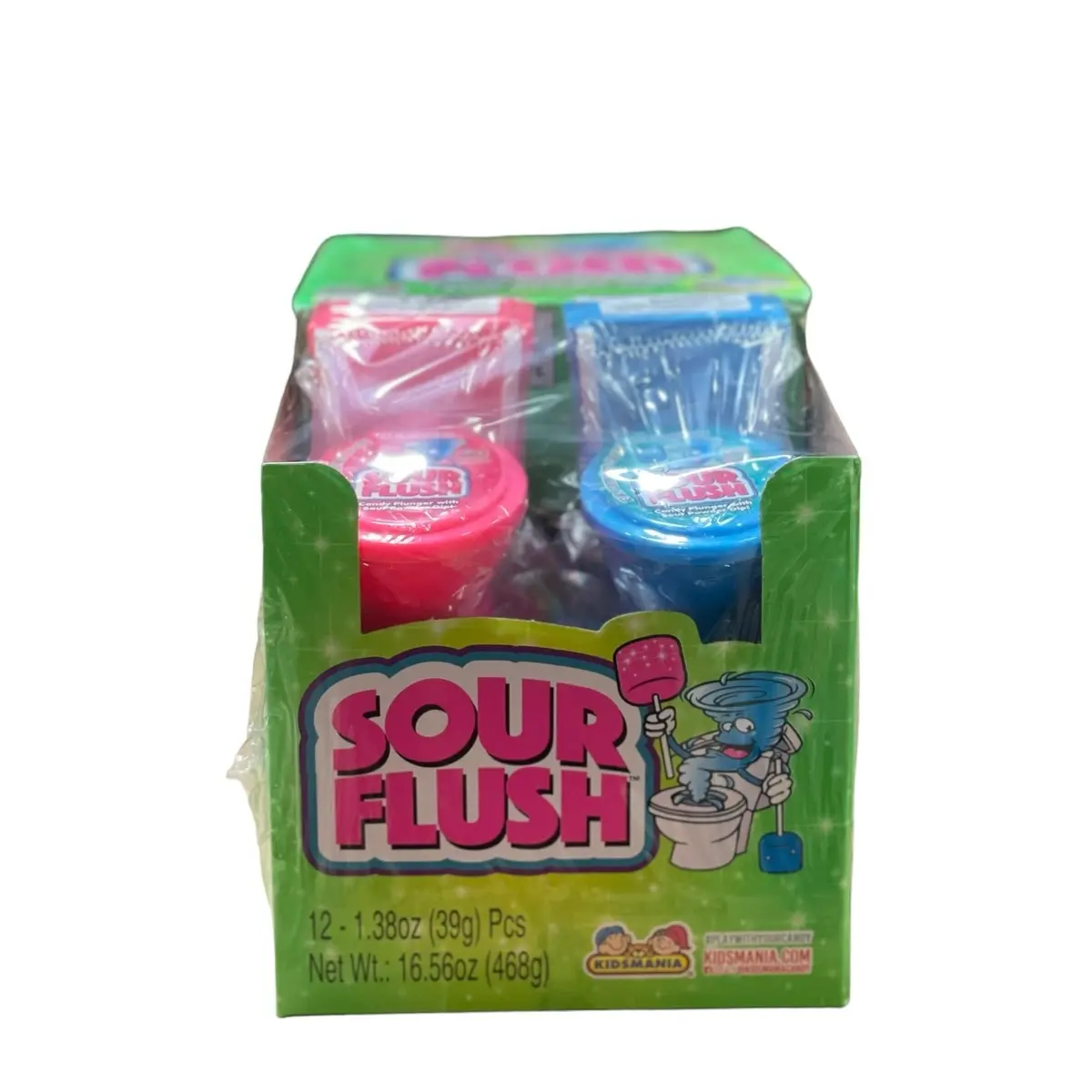 Kidsmania Sour Flush Candy Plunger With Sour Powder Dip- 12 Count Blue Raspberry Green Apple Watermelon