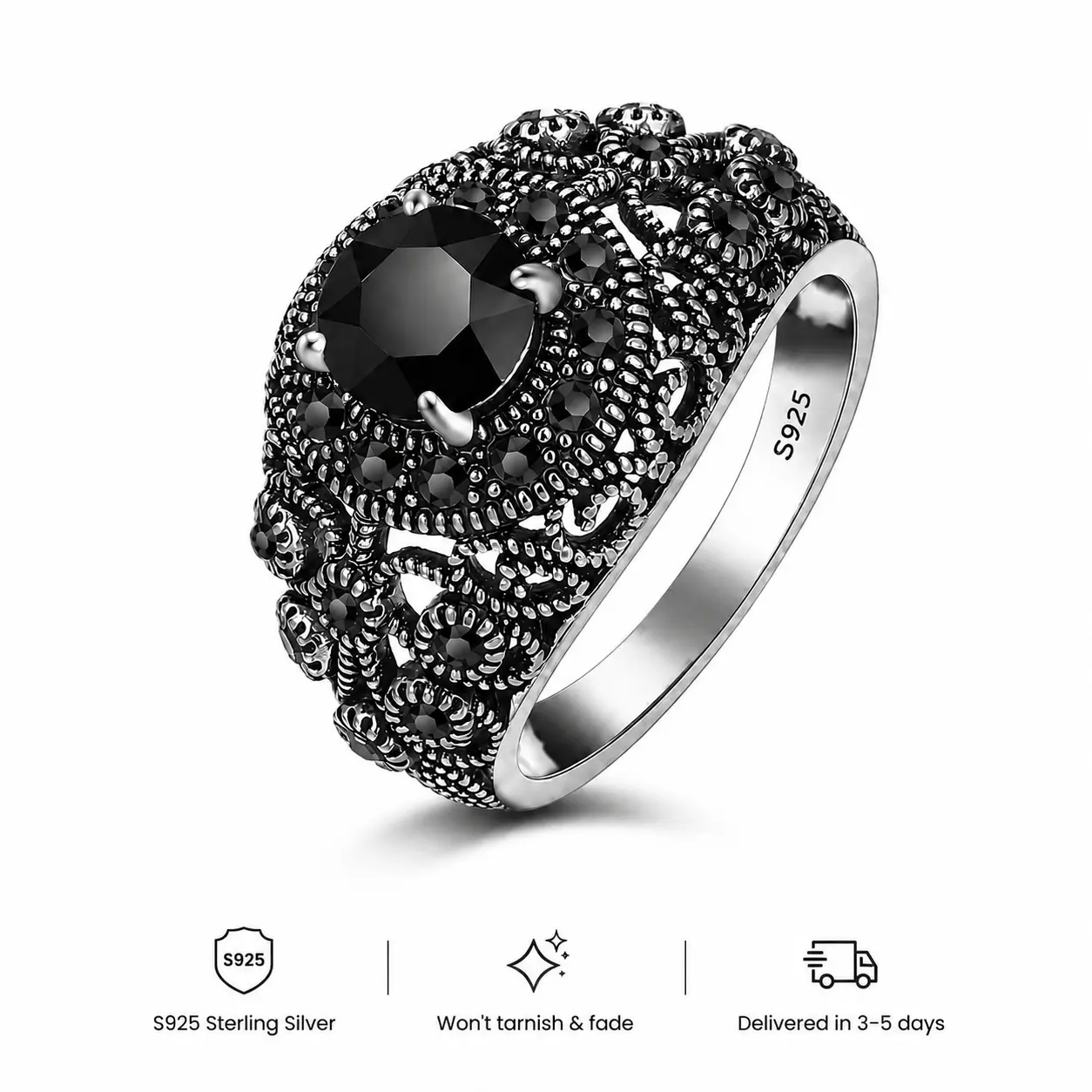 Women's S925 Sterling Silver Black Spinel Ring - Vintage Gothic Victorian Filigree Detail Statement Ring, Everyday Wear Cocktail Jewelry Gift, Sizes 6-10