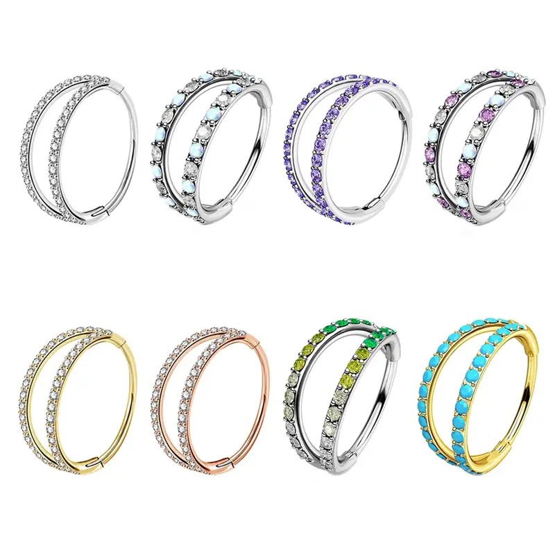 Oufer 20G Hinged Segment 5A Grade CZ Double Nose Ring in 316L Stainless Steel - Classic Silver, Gold, Rose Gold, Mix Colors & Black Options