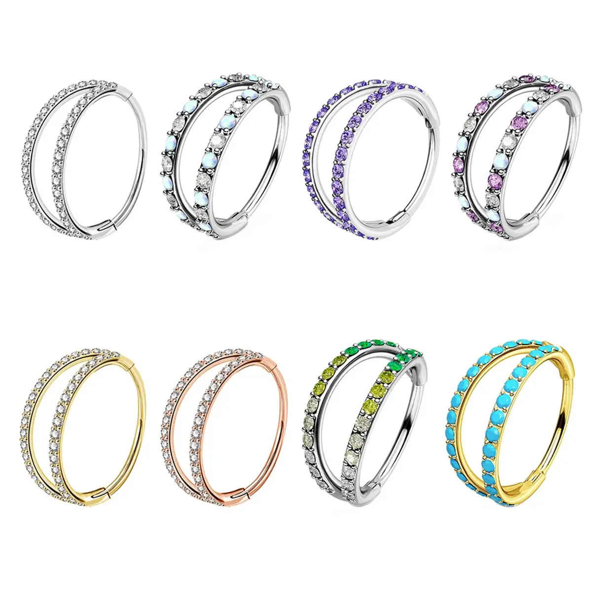 Oufer 20G Hinged Segment 5A Grade CZ Double Nose Ring in 316L Stainless Steel - Classic Silver, Gold, Rose Gold, Mix Colors & Black Options