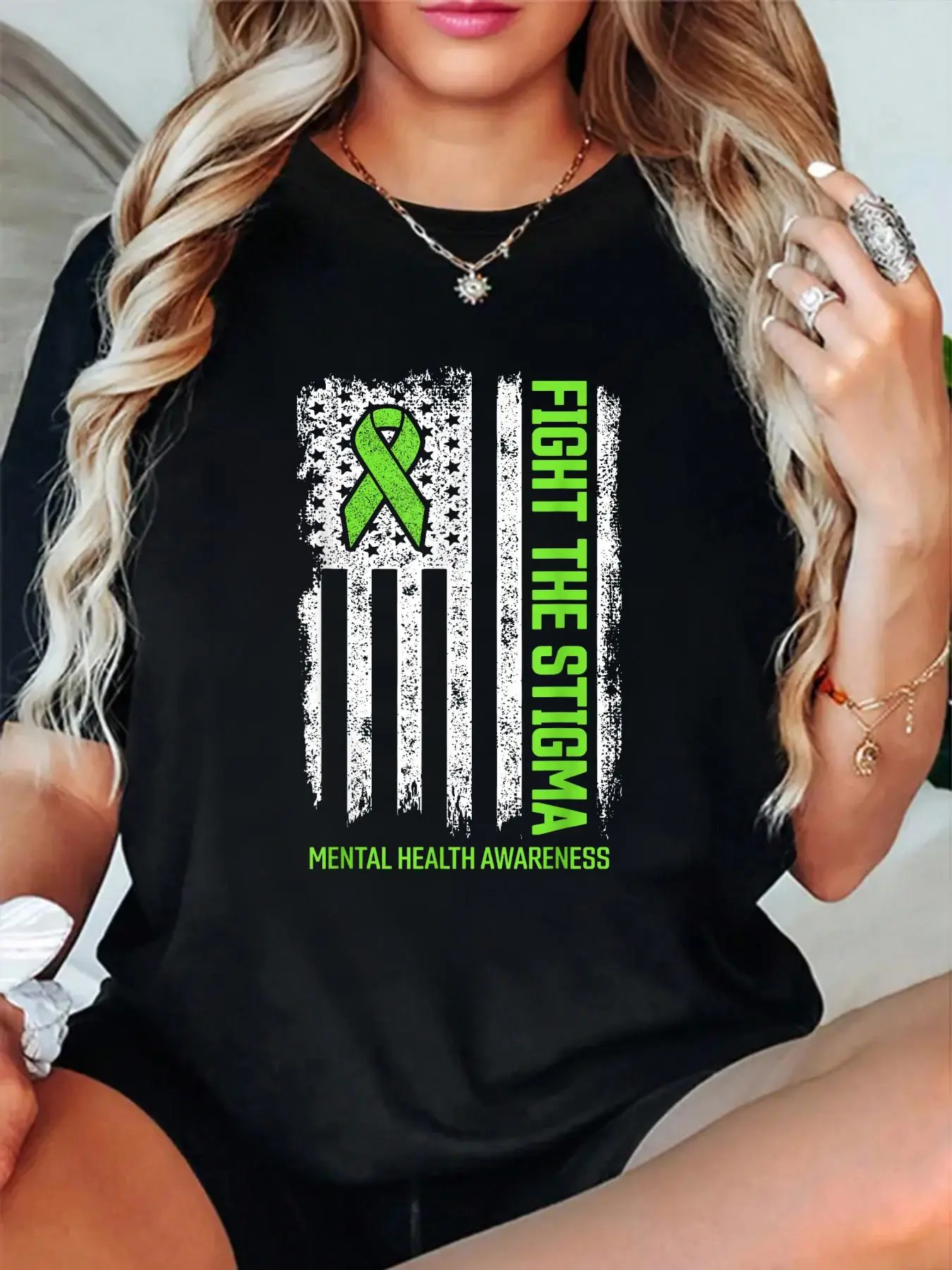 100% Cotton T shirts Mental Health Awareness Fight the Stigma Mental Health T-Shirt Breathable & Comfort Fit Tee Women,Short Sleeve Crew Neck Top for All Seasons,Graphic Tees Women Tops