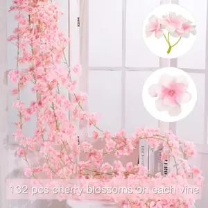 6Pcs Artificial Cherry Blossom Flower Vines Pink Artificial Flower Garland Vines Hanging Sakura Garland for Wedding Garden Arch Wall Home Party Japanese Kawaii Decor Flower Design
