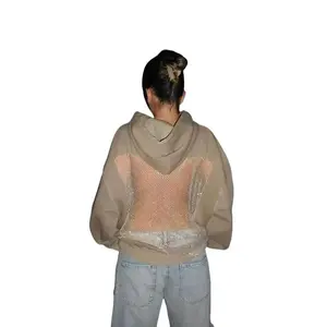 Women's 2026 Y2K American Gothic Hollow Mesh Hoodie - Sexy Translucent Polyester Long-Sleeve Casual Streetwear Pullover Sweatshirt