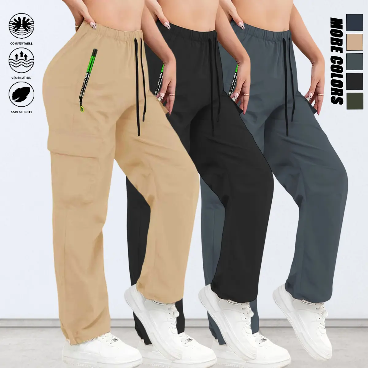 Set of 3 women’s outdoor cargo pants — breathable, multi-pocket design, solid color, drawstring elastic waistband; suitable for outdoor sports and casual wear; summer women’s pants.