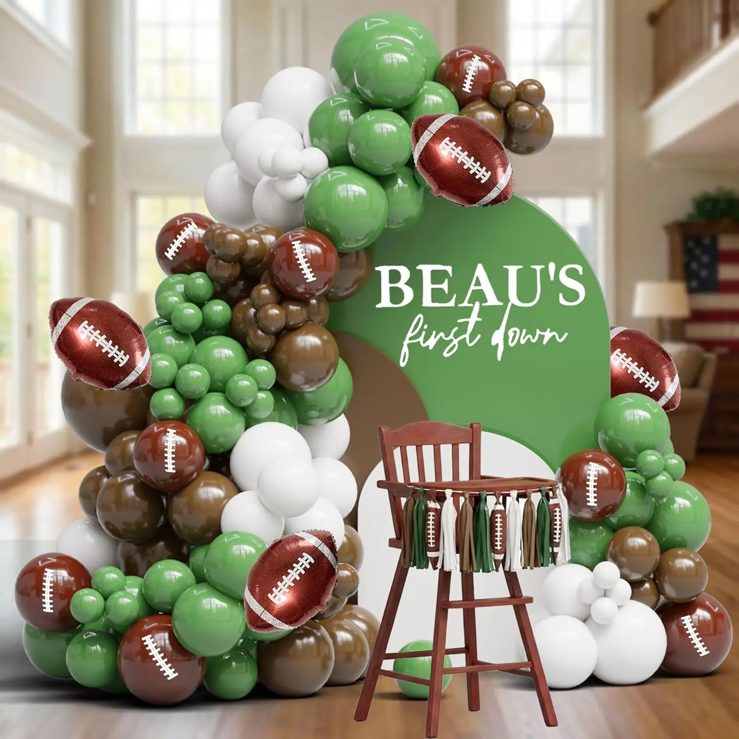 Football Balloon Arch Kit Sage Green, White & Brown Garland with Football Foil for First Birthday
