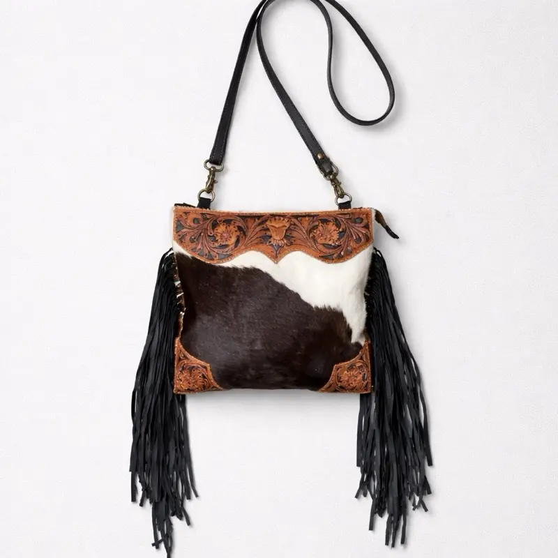 Myra Bag Hand-Tooled Floral Leather Cowhide Fringe Crossbody Purse Black with Embossed Design and Tassel Detail