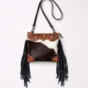 Myra Bag Hand-Tooled Floral Leather Cowhide Fringe Crossbody Purse Black with Embossed Design and Tassel Detail