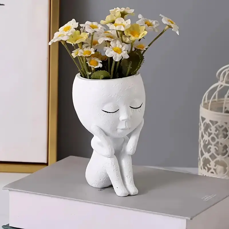 Cute Small Resin Decorative Flower Pot Decor, Modern Indoor Plant Planter with Drainage Hole and Tray, Garden Statue Decoration, Home Decor Pots, Ideal for Home & Office