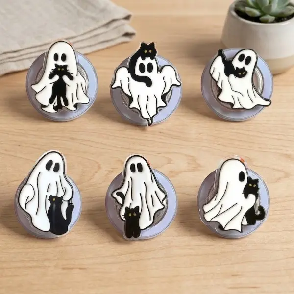 Ghost Black Cat MagSafe Phone Grip, Cute Halloween Phone Holder Stand, Spooky Kawaii Kindle Grip, Witchy Fall Gift Accessory